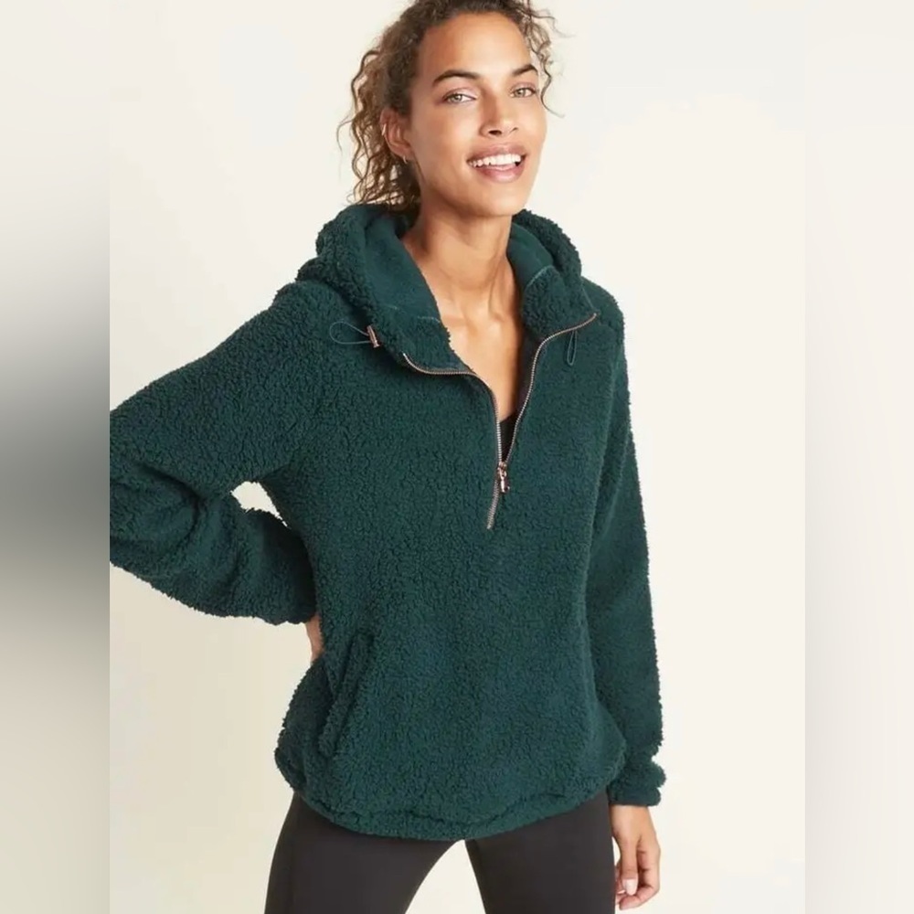 Old Navy Plush Sherpa 1/2-Zip Hoodie Sweater Pullover Dark Ivy Hunter Green XXL - Picture 2 of 5